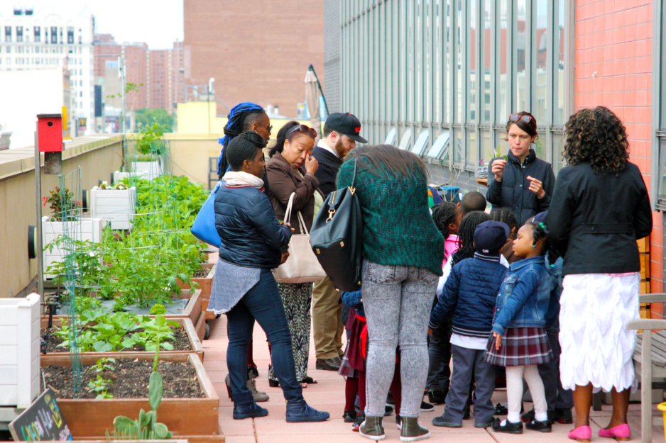 Small children and their parents stand around a planter on a rooftop garden as a teacher explains what is being grown