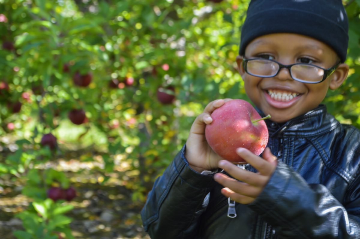 A child poses and smiles with an apple