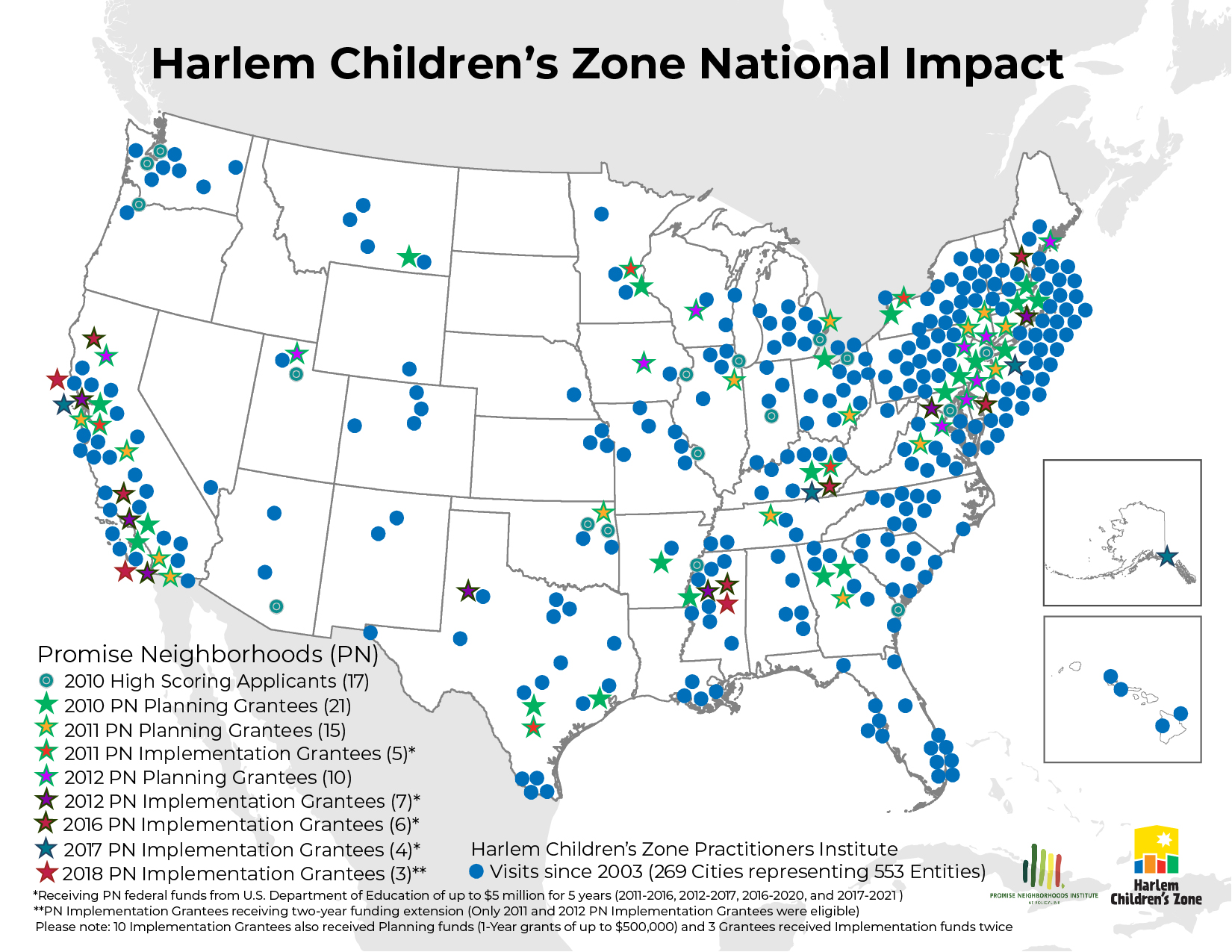 U.S. Map of HCZ National Impact including Promise Neighborhoods and Practitioners Institute visits