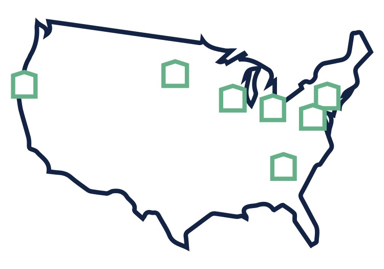 A outline map of North America with 7 cities highlighted with a green box