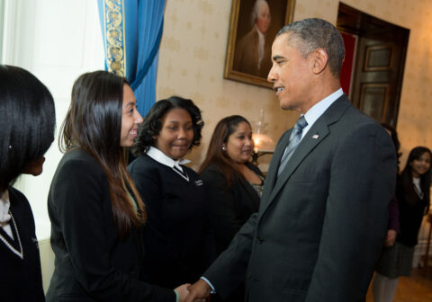 HCZ Promise Academy Charter Schools graduate Tiffany Gallegos meets President Barack Obama in the White House following his announcement of his administration's Promise Neighborhoods initiative.