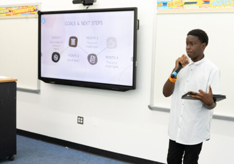 Harlem Children's Zone scholar presents his venture pitch.q