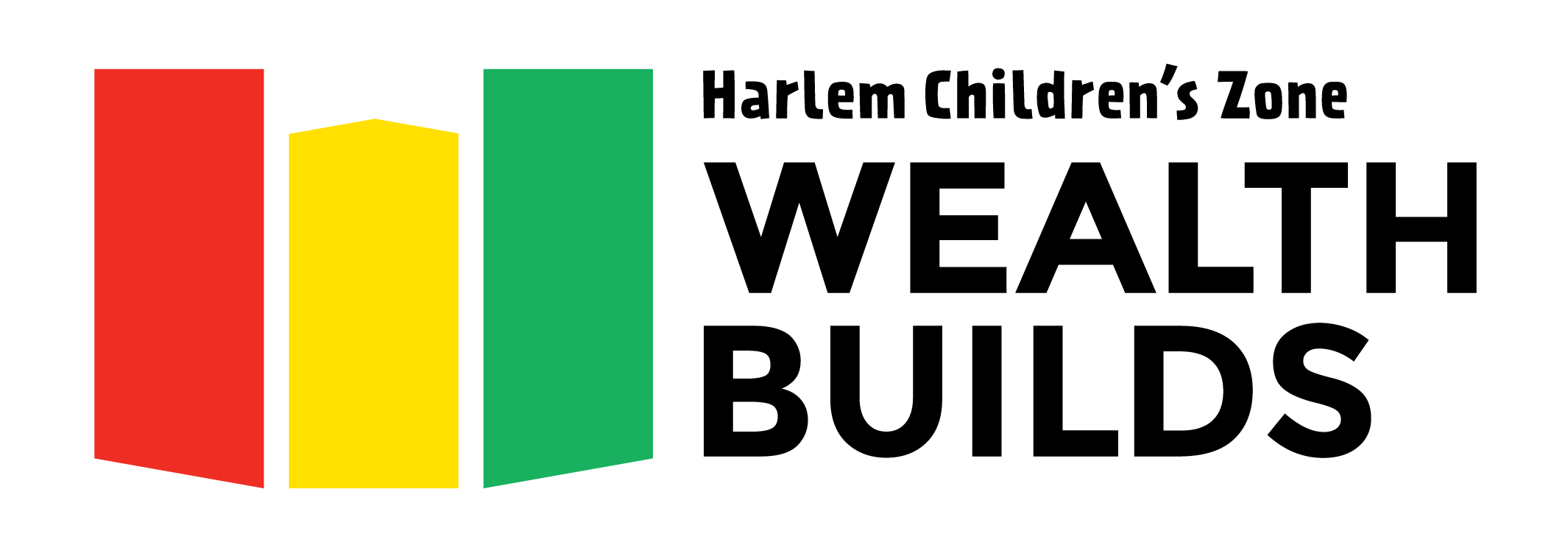 Wealth Builds logo with red, yellow, and green building illustrations and "Harlem Children's Zone Wealth Builds" text.