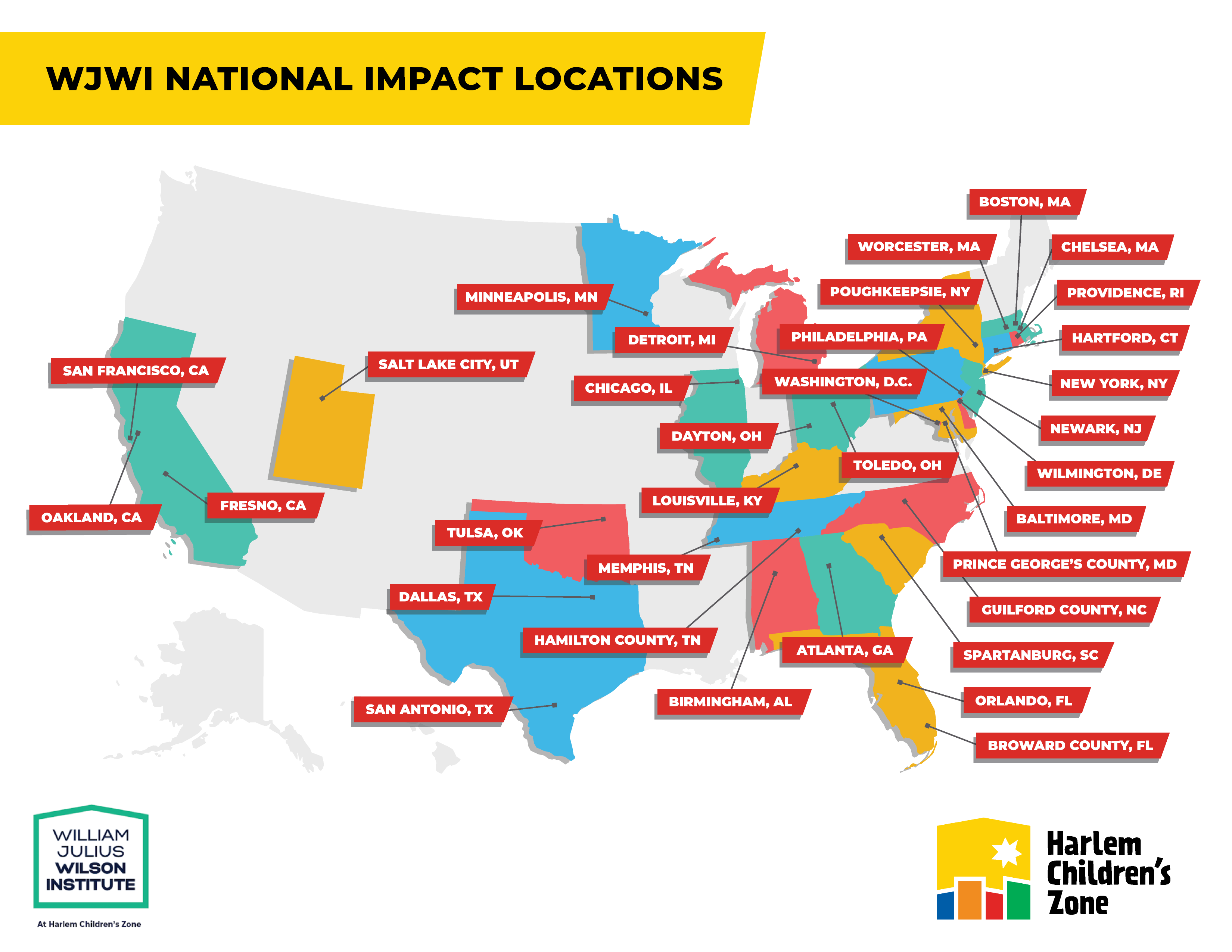 A national map of locations where the William Julius Wilson Institute has impact on communities.