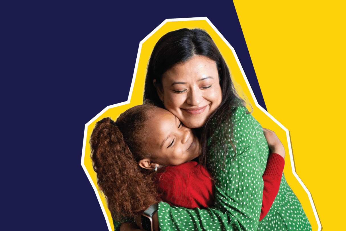 Animate image of a teacher and her scholar hugging.