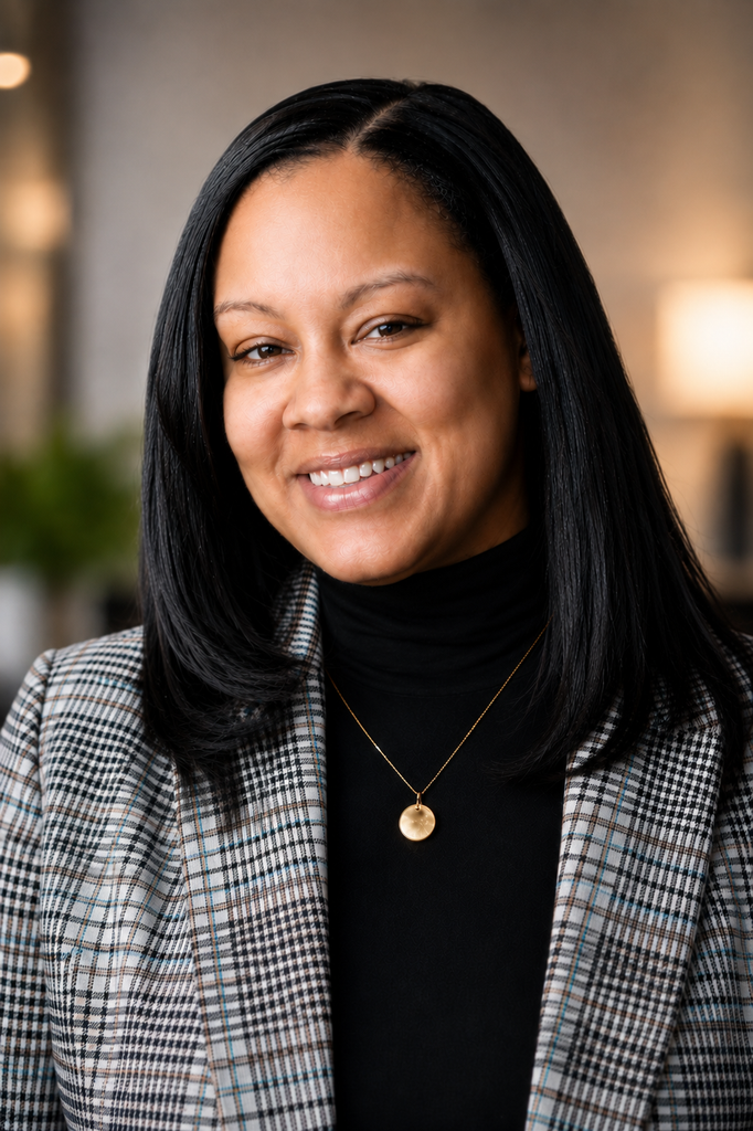 Woman in gray blazer and black sweatshirt smiles.